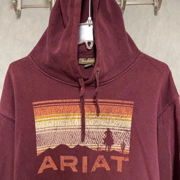Ariat Other - Ariat Hoodie Men M Burgundy Fleece Pullover‎ Drawstring Spell Out Casual Outdoor